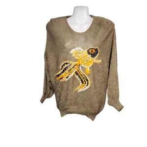 Vintage Women's  Sweater Brown Bronze Sequin Fish Medium Large